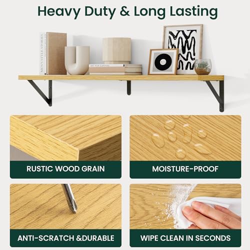 Floating Shelves 8 Inch Deep, 24W x 8D Wall Shelf Set of 2, 50 lbs Heavy Duty Reversible Metal Brackets, Industrial Book Shelf for Living Room Kitchen Bathroom Bedroom Gallery Wall, Oak