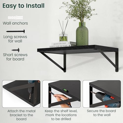 Floating Shelves 12 Inch Deep, 36W x 12D Wall Shelf Set of 2, 60 lbs Heavy Duty Reversible Metal Brackets, Deep Industrial Book Shelf for Living Room Kitchen Bath Bedroom Coffee Bar, Black