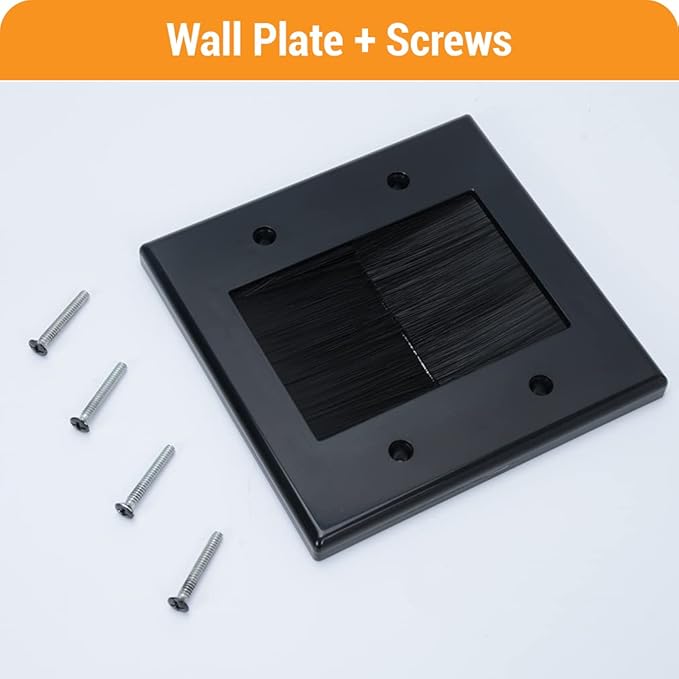 2 Gang Brush Wall Plate (Black, 2 Pack), Double Gang Cable Wall Plate for Power Cords, Low Voltage Cables and Wires in-Wall Hiding