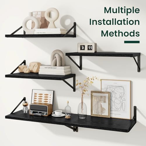 Floating Shelves 12 Inch Deep, 36W x 12D Wall Shelf Set of 2, 60 lbs Heavy Duty Reversible Metal Brackets, Deep Industrial Book Shelf for Living Room Kitchen Bath Bedroom Coffee Bar, Black