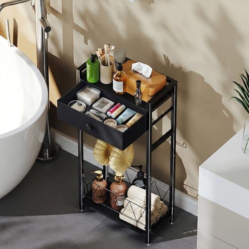 Freestanding Toilet Paper Holder Stand with Storage Drawer, Narrow Bathroom Shelf, Spare Roll Basket, 4-Way Install Paper Arm, Matte Black Space-Saving Rack for Apartments & RVs (Black)