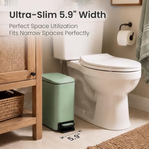 Cesun Small Bathroom Trash Can with Lid, 1.6 Gal, Soft Close, Sage Green