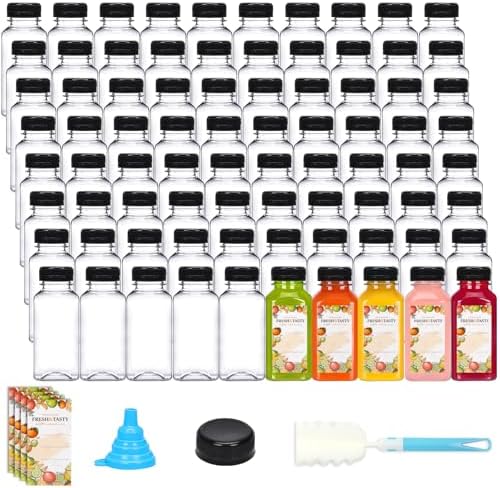 TOMNK 80pcs 8oz Plastic Juice Bottles with Caps, Sticker Labels, Brush