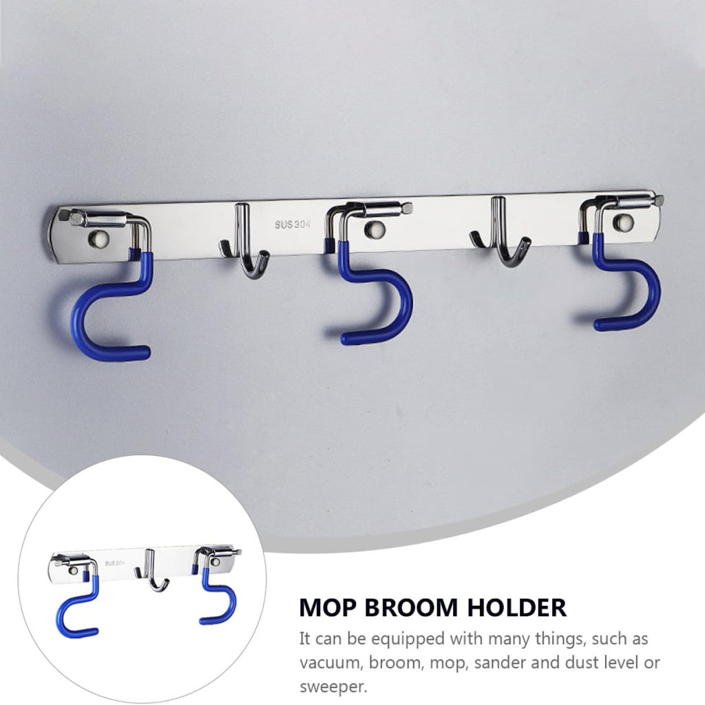 304 Stainless Steel Mop and Broom Holder Wall Mounted Rack with 2 Mop Grippers and 1 Hook