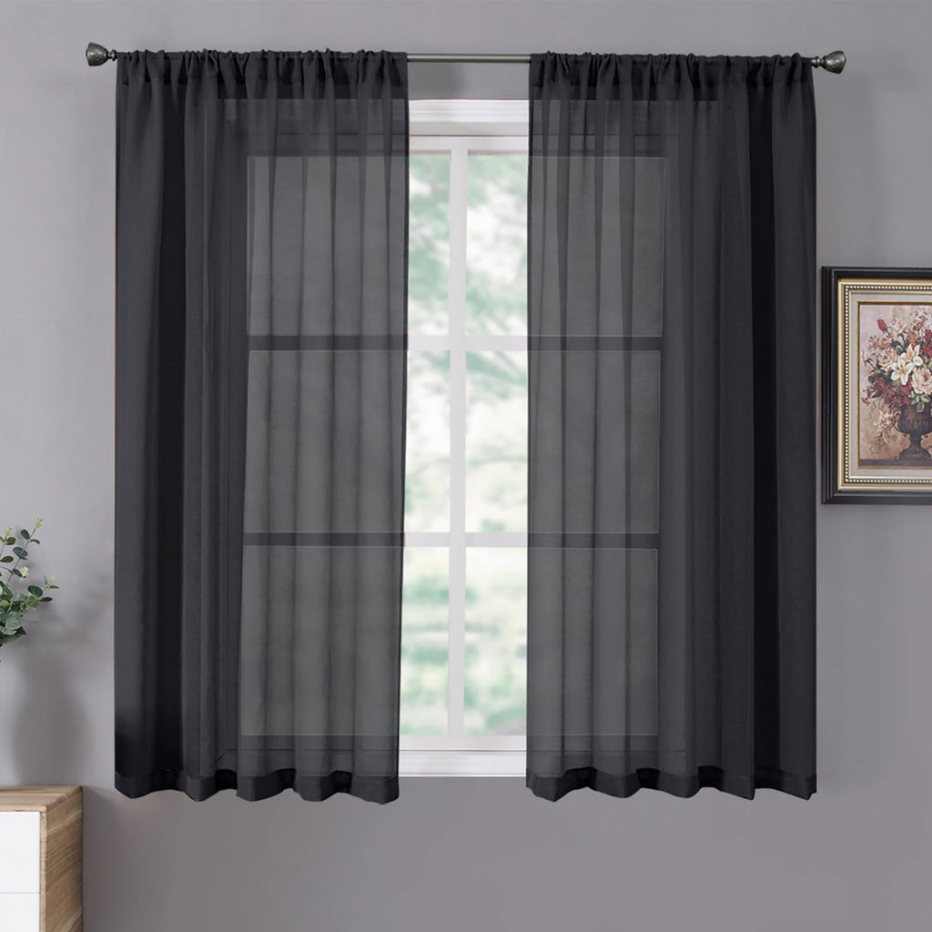 Short Sheer Curtains Linen Textured Bedroom Curtain Sheers Light Filtering Rod Pocket Voile Curtains for Living Room