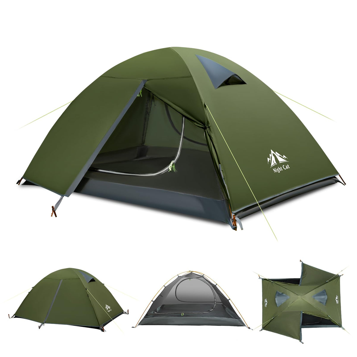 Night Cat 2-Persons Backpacking Tent: Waterproof Lightweight Camping Tent for Two People Hiking Outdoor Mountain with Aluminum Poles and Rainfly Army Green