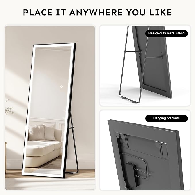 Kosmonia 71x24 Full Length Mirror, Dimmable 3 Color LED Light w/Light Memory, Distortion Free Silver Coating Mirror, HD Reflection &Anti Desilvering,Tempered Glass, Easy Setup w/Stand, Wall/Standing