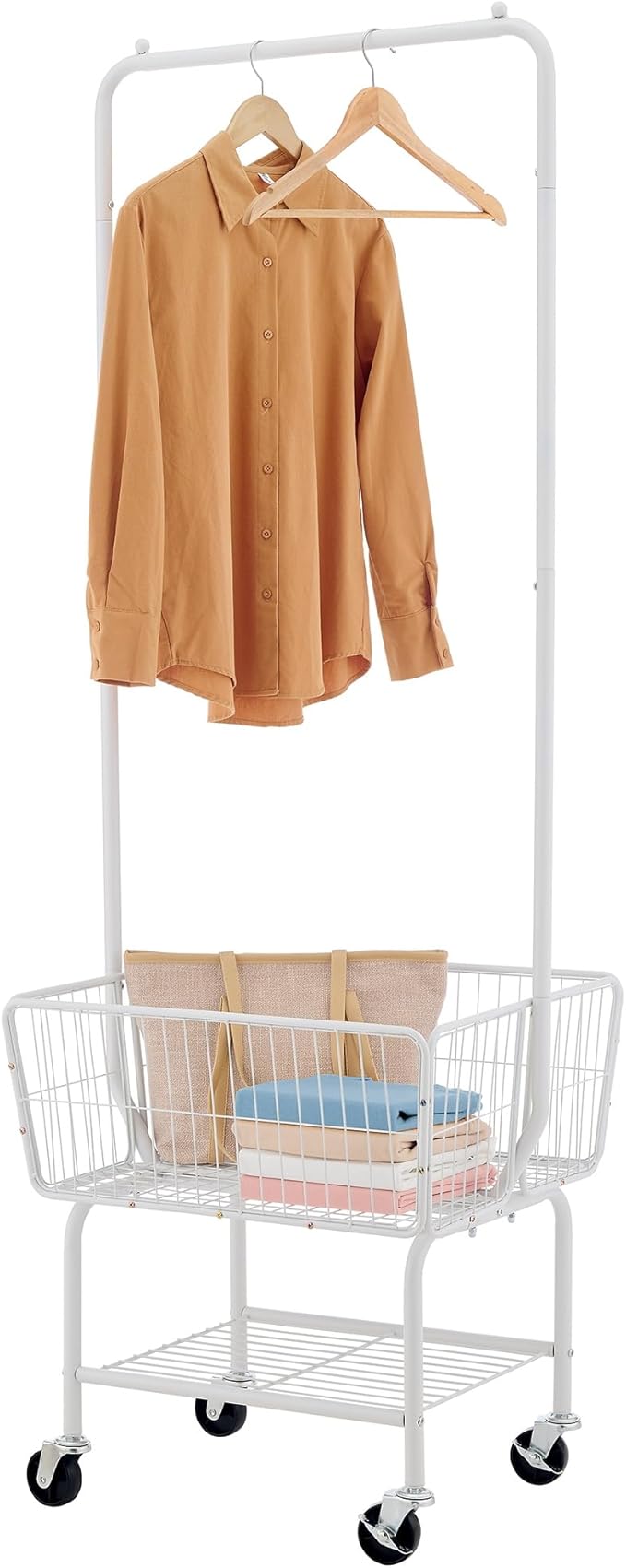 Tajsoon Laundry Cart with Hanging Rack, Metal Laundry Basket with Wheels, Laundry Hamper with Storage Basket and Shelf, Rolling Laundry Cart with Wheels, White