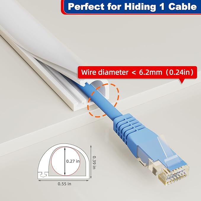 39" Side Buckle Cable Hider for 1 Cords,Extension Cord Covers for Wires On Wall,Adhesive Cord Hider for Wall Mount Tv,Wire Channel for Cable Concealer,Cable Raceway Home & Office,White