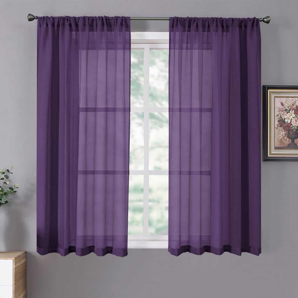 Short Sheer Curtain Living Room Linen Textured Curtains Sheer Light Filtering Voile Rod Pocket Curtain for Bedroom (2 Count)
