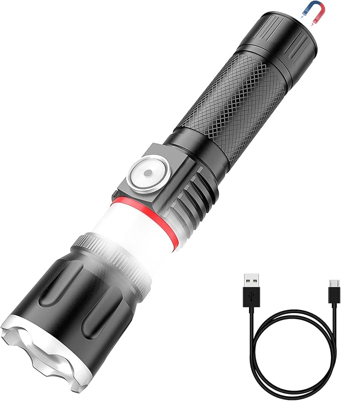 Tactical Flashlight Rechargeable, High Lumens Led Flashlights Handheld-Magnetic Base, Super Bright, Zoomable, Water-Resistance, 4 Modes, Powerful Flash Light for Camping, Hiking and Emergence
