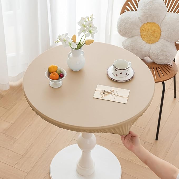 Round Fitted PU Tablecloth with High Elastic Edge 31 Inch Dia Waterproof Oil Proof Table Cloth Anti-Scald Stain-Resistant Wipeable Table Cover for Indoor Outdoor Picnic (Beige,31" Dia)