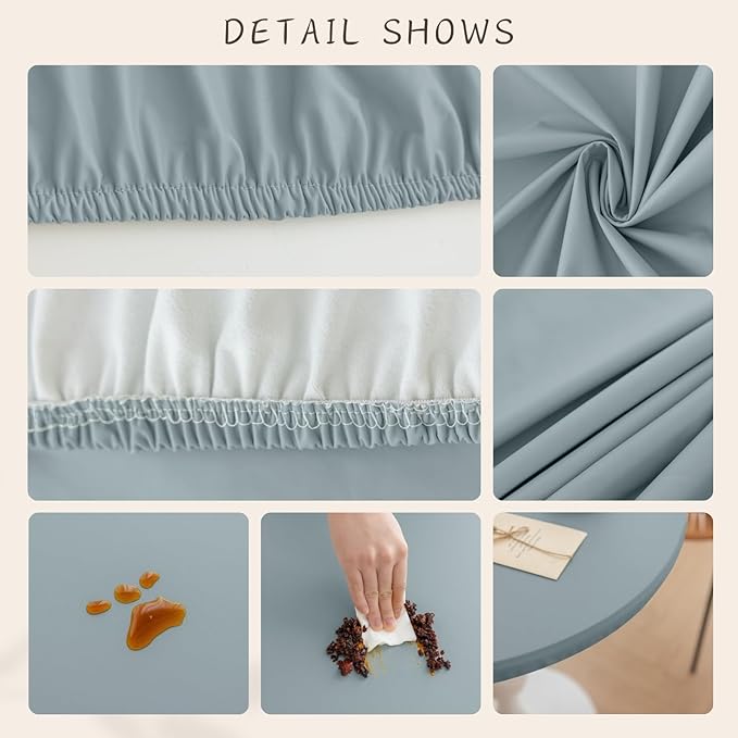 Round Fitted PU Tablecloth with High Elastic Edge 35 Inch Dia Waterproof Oil Proof Table Cloth Anti-Scald Stain-Resistant Wipeable Table Cover for Indoor Outdoor Picnic (Blue,35" Dia)