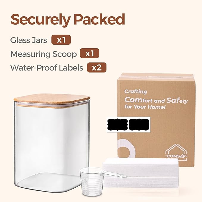 ComSaf 3.6Qt Glass Food Storage Containers, Cereal Storage Containers with Airtight Lids, Large Square Glass Jars with Bamboo Lids, for Rice, Pasta, Oats, Grains, Coffee Beans