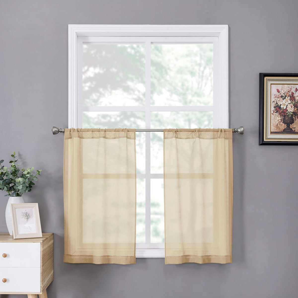 Sheer Tier Curtain Linen Textured Half Kitchen Curtains Sheer Light Filtering Rod Pocket Voile Small Curtains for Bathroom