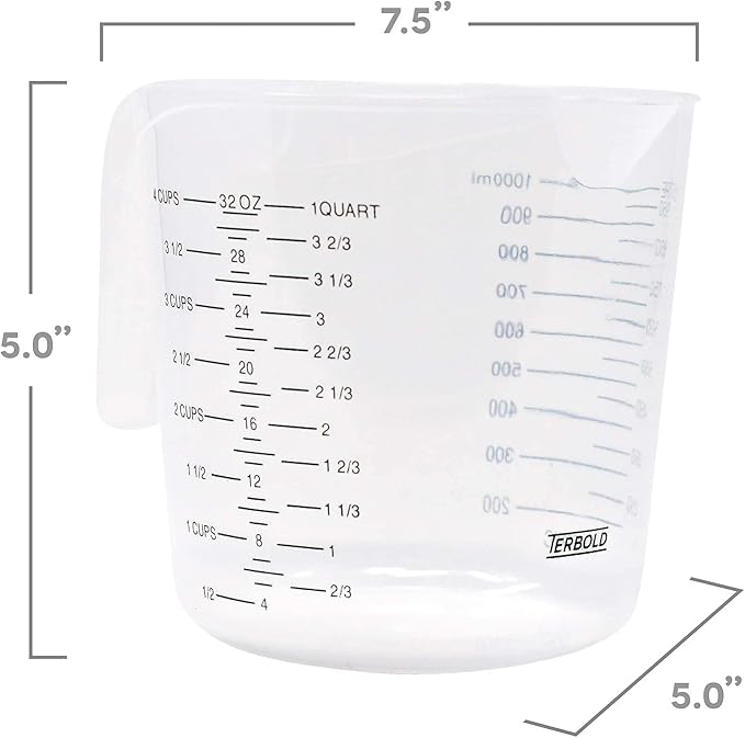 3pc Liquid Measuring Cups Set - 1 Cup, 2 Cup, 1 Quart | Clear Plastic Measure Cups with Long Handles