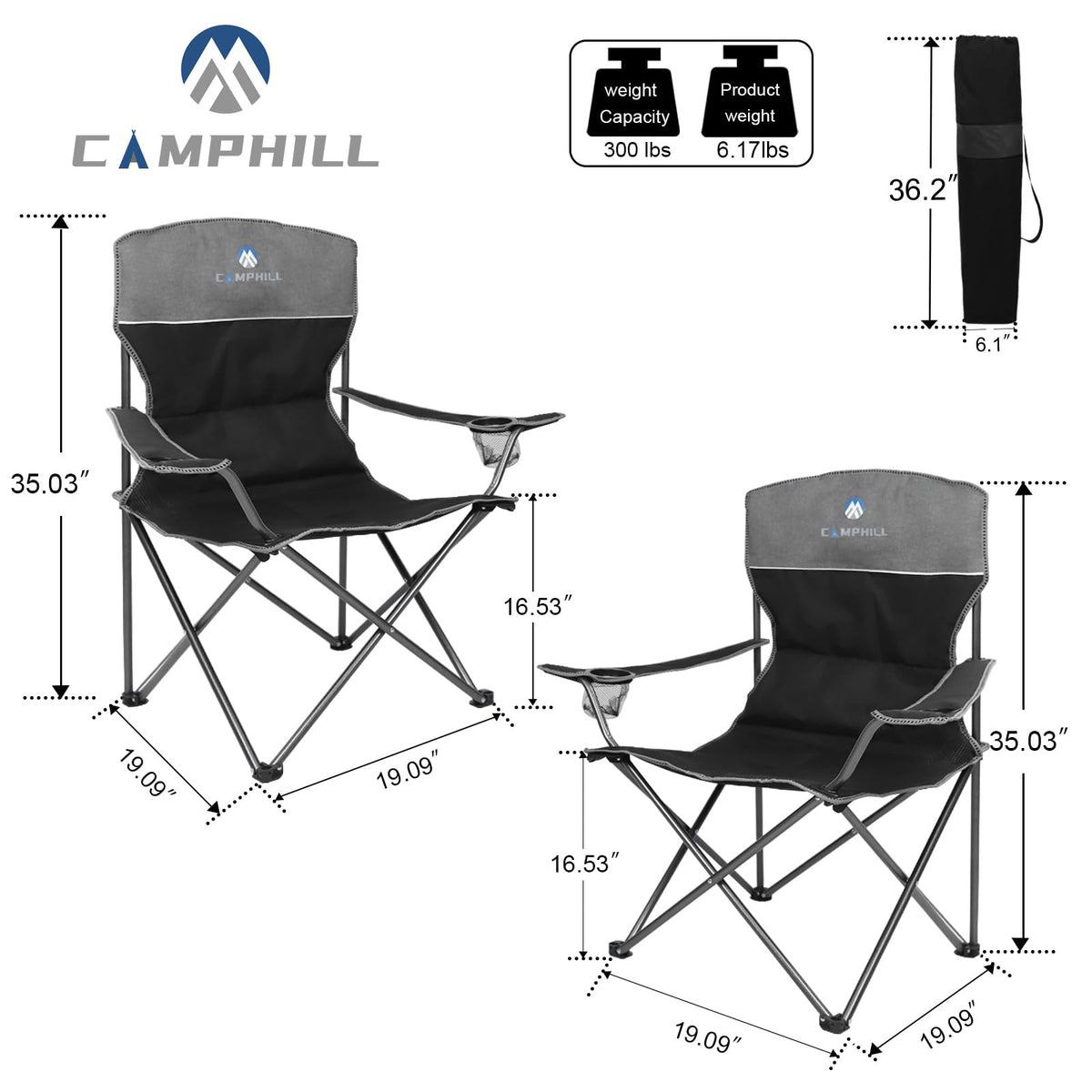 CAMPHILL Camping Chair Set of 4 - Outdoor Folding Chairs With Table, Heavy Duty Lawn Chair With Cup Holder, Collapsible Set Include One Sofa Chair, Two Single Chairs and Table