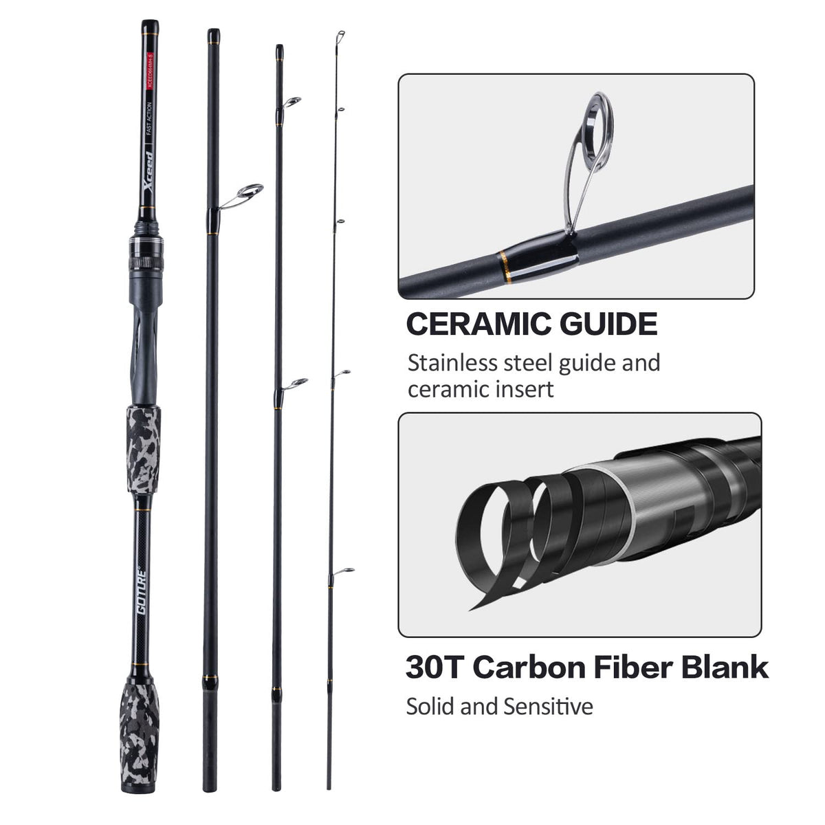 Fishing Rods Spinning Travel Fishing Pole Pack case Portable 4 Sections ulLight Weight Carbon Fiber Poles M Power Medium Action 7ft Camouflage