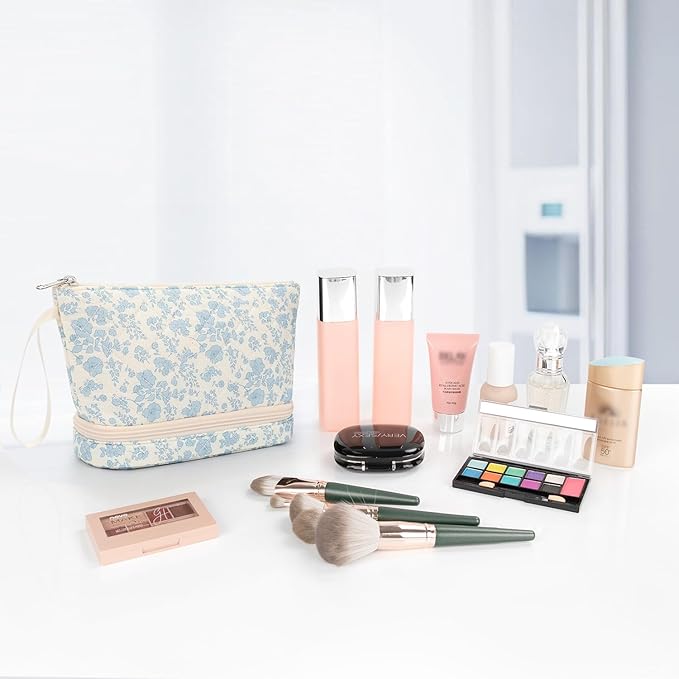 Ethereal Small Makeup Bag, 2 Layers Travel Make up Organizer Bag with Makeup Brush Holder, Portable Cosmetic Bag for Women/Girls, Blue Flower