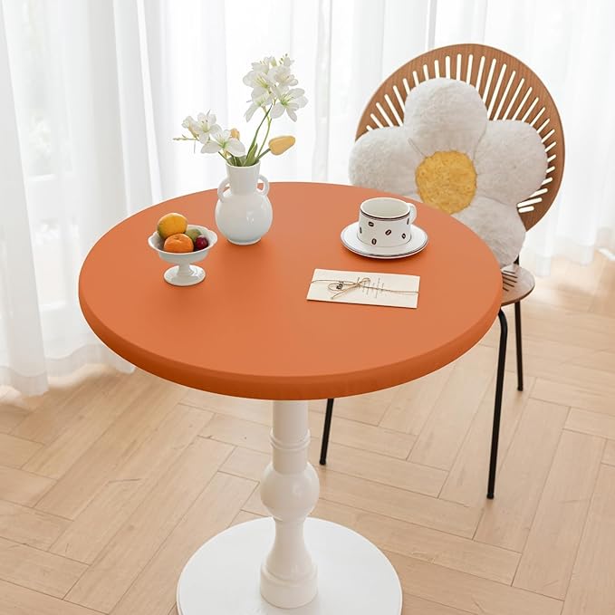 Fall Round Fitted PU Tablecloth with High Elastic Edge 47 Inch Dia Waterproof Oil Proof Table Cloth Anti-Scald Stain-Resistant Wipeable Table Cover for Indoor Outdoor Picnic (Orange,47" Dia)
