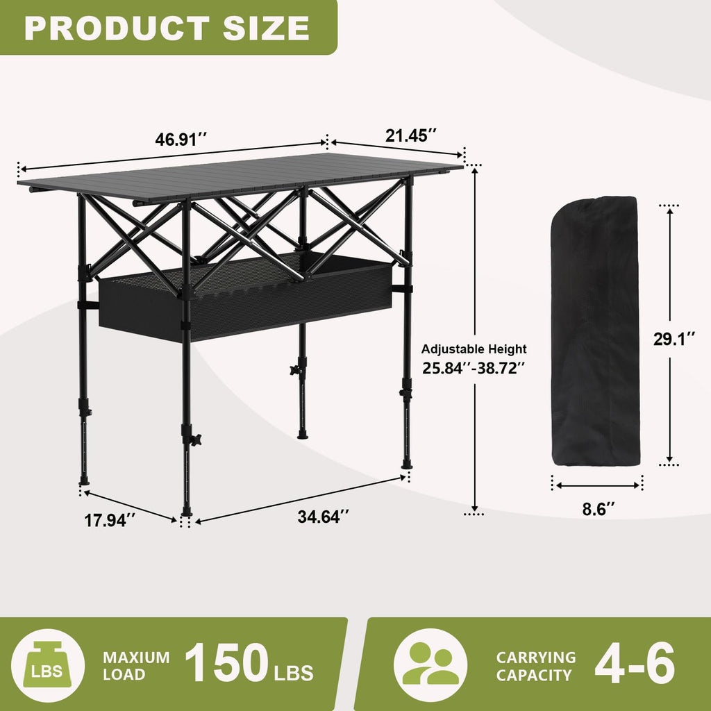 Hsundries 4FT Folding Camping Table,Portable Roll-up Picnic Table with Carry Bag & Mesh Storage,Lightweight Camp Table for Camping,Picnic,Backyard,Party,Patio,BBQ