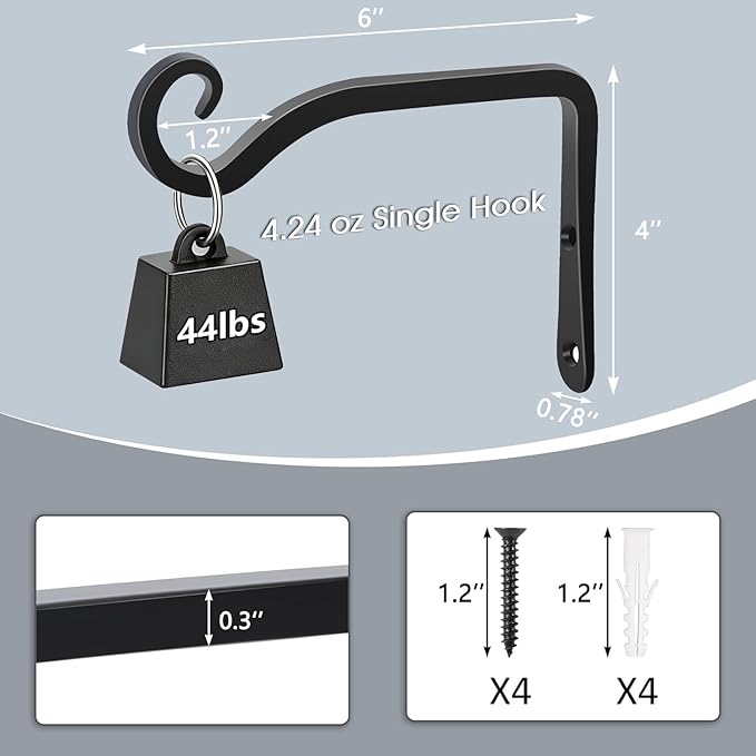 Gtongoko 2 Pack 6 Inch Plant Hangers Outdoor Metal, Plant Hooks for Wall Indoor, 44lb Capacity Outdoor Hooks for Hanging Bird Feeders, Lanterns, Wind Chime, Black