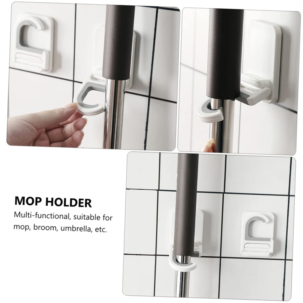 3pcs Punch Wall Mounted Mop Holder Heavy Duty Adhesive Broom Organizer Hooks Multi Functional Hanging Clips for Mop Broom Umbrella Storage Easy No Drill Installation