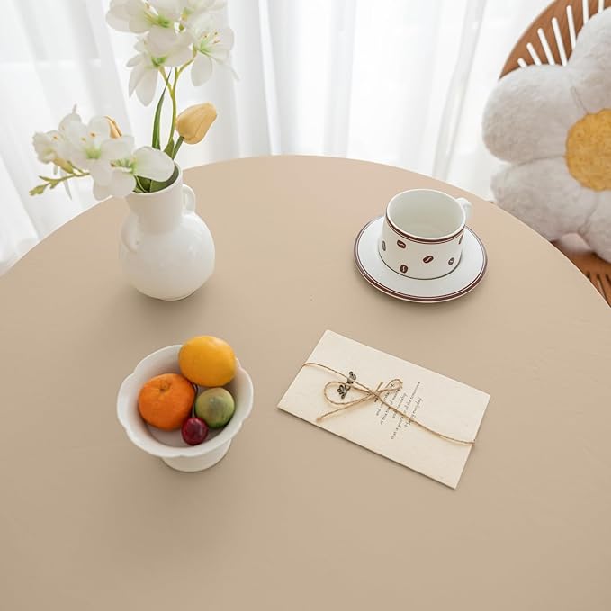 Round Fitted PU Tablecloth with High Elastic Edge 55 Inch Dia Waterproof Oil Proof Table Cloth Anti-Scald Stain-Resistant Wipeable Table Cover for Indoor Outdoor Picnic (Beige,55" Dia)
