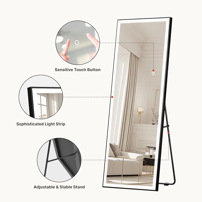 Kosmonia 71x24 Full Length Mirror, Dimmable 3 Color LED Light w/Light Memory, Distortion Free Silver Coating Mirror, HD Reflection &Anti Desilvering,Tempered Glass, Easy Setup w/Stand, Wall/Standing