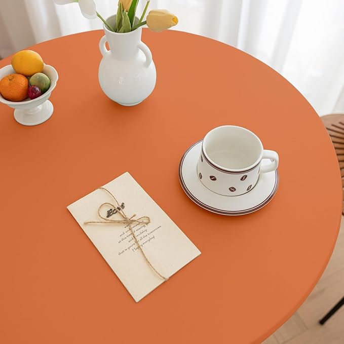 Fall Round Fitted PU Tablecloth with High Elastic Edge 47 Inch Dia Waterproof Oil Proof Table Cloth Anti-Scald Stain-Resistant Wipeable Table Cover for Indoor Outdoor Picnic (Orange,47" Dia)