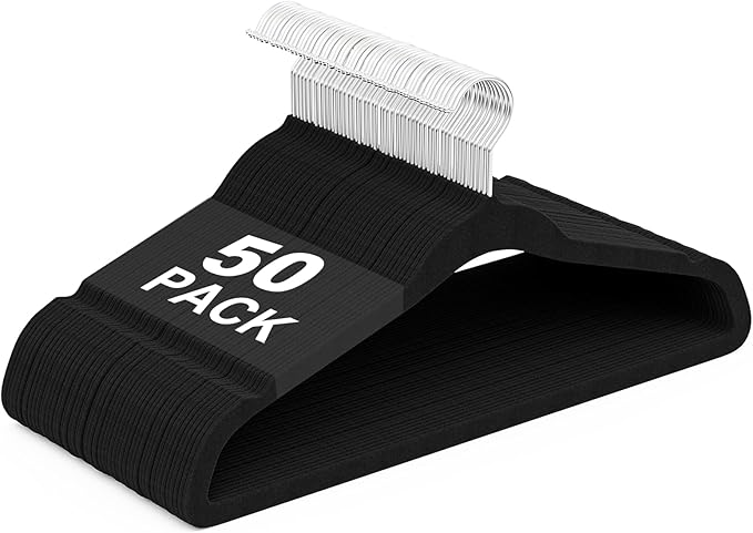 Velvet Hangers 50 Pack, Non Slip Clothes Hangers with Shoulder Notches, Slim Felt Hanger with 360° Swivel Hook, Space-Saving, for Coat, Shirt, Pants, Dress, Suits, Black