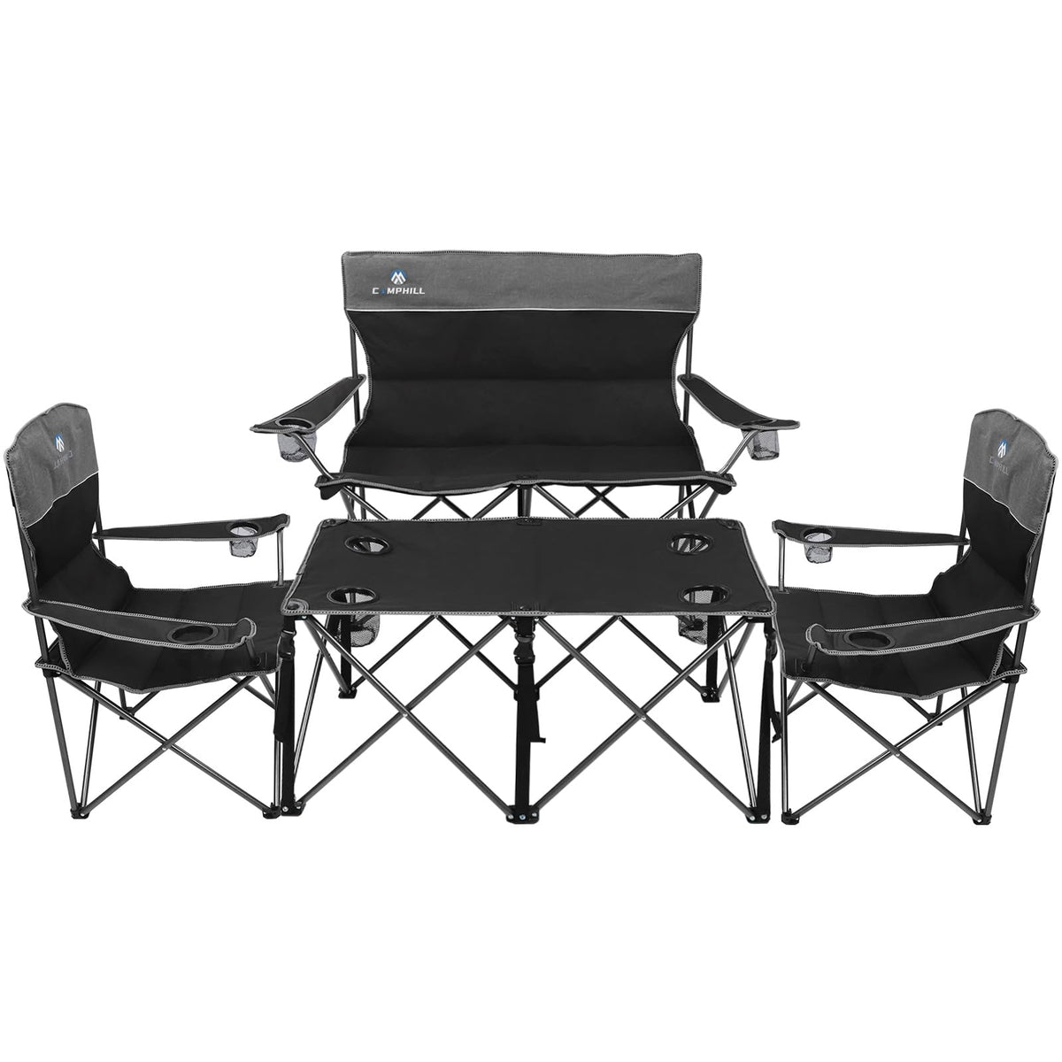 CAMPHILL Camping Chair Set of 4 - Outdoor Folding Chairs With Table, Heavy Duty Lawn Chair With Cup Holder, Collapsible Set Include One Sofa Chair, Two Single Chairs and Table