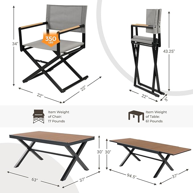 Grand patio 9-Piece Outdoor Dining Set, 8 Extra-Wide Folding Chairs & 1 Rectangle Expandable Table for 6-8 Person, Sling Mesh Patio Chairs with Wood Grain Table for Yard, Poolside, Deck, Gray