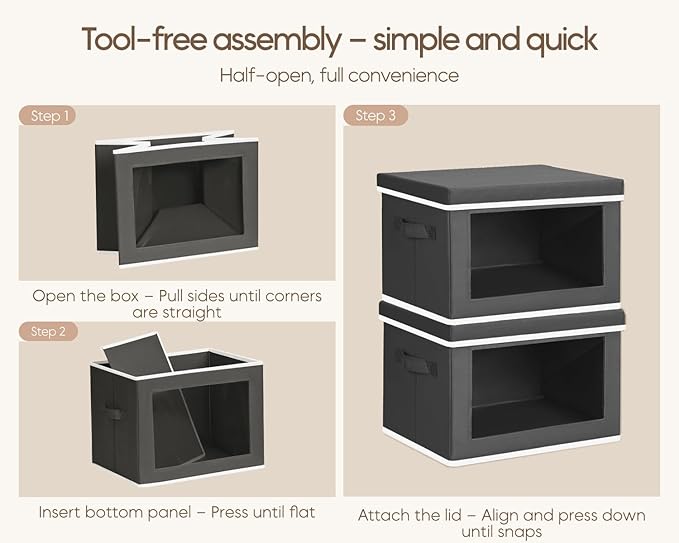 Homsorout Collapsible Storage Bins with Lids - Stackable Storage Containers with Window, 6 Pack Fabric Cube Bins for Closet, Home & Office Organization Baskets, Dark Gray, 14.9" x 9.8" x 9.8"