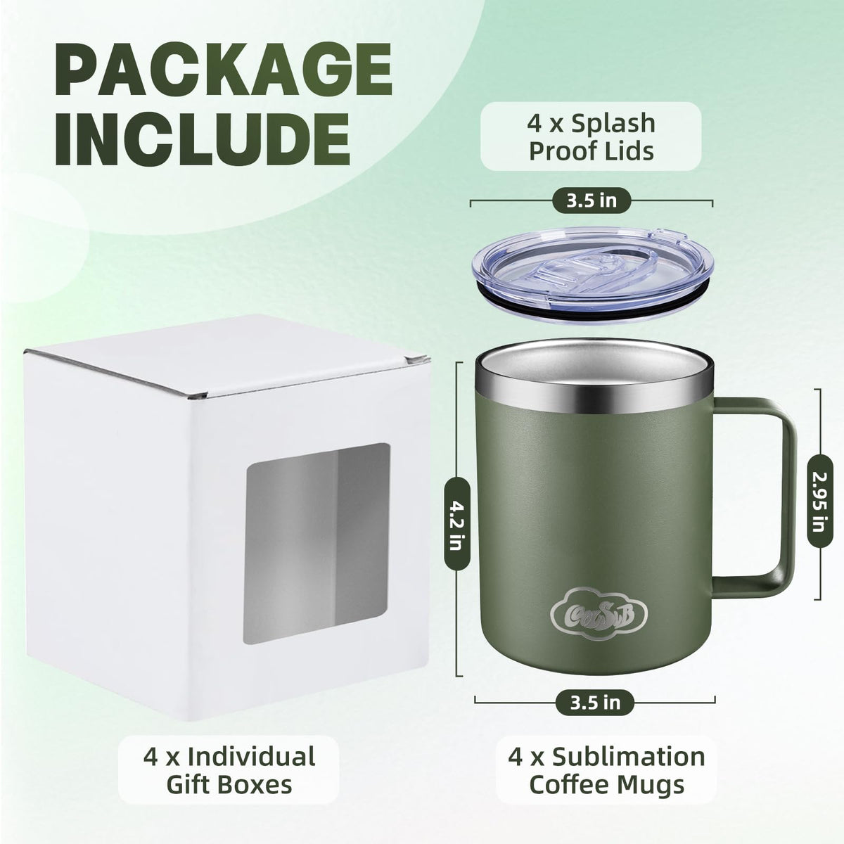 CoolSub 12oz Insulated Coffee Mug with Handle, Stainless Steel Wide Mouth Travel Tumblers with Lid, Double Wall Vacuum Coffee Cup for Camping, Office, Army Green 4 Pack