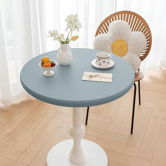 Round Fitted PU Tablecloth with High Elastic Edge 35 Inch Dia Waterproof Oil Proof Table Cloth Anti-Scald Stain-Resistant Wipeable Table Cover for Indoor Outdoor Picnic (Blue,35" Dia)