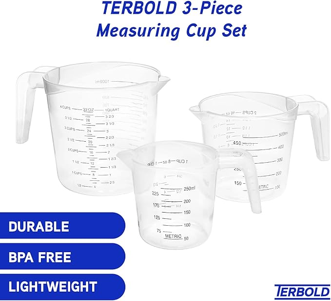 3pc Liquid Measuring Cups Set - 1 Cup, 2 Cup, 1 Quart | Clear Plastic Measure Cups with Long Handles