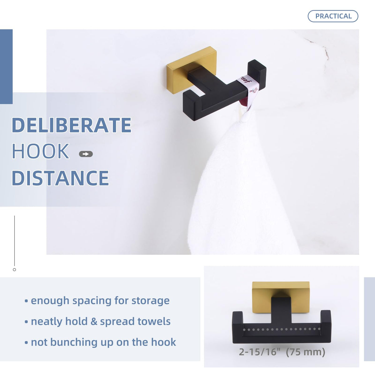 Double Towel Hook Black and Gold (2 Count)