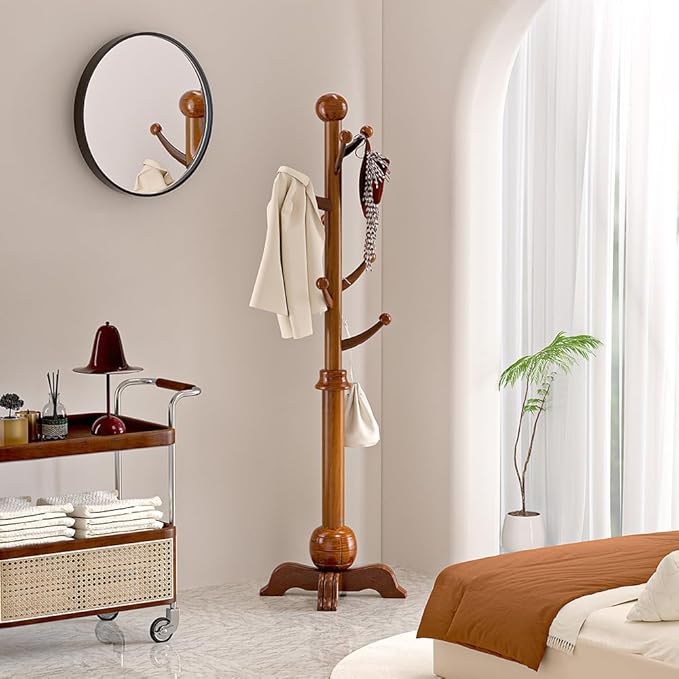 Hall Tree, Freestanding Wood Tree Rack with 7 Hooks, Coat Rack with Stable Sphere Base, Wooden Coat Rack Stand, Load 210 lb, Coat Hanger Stand for Entryway, Hallway, Bedroom, H:72 in, Walnut