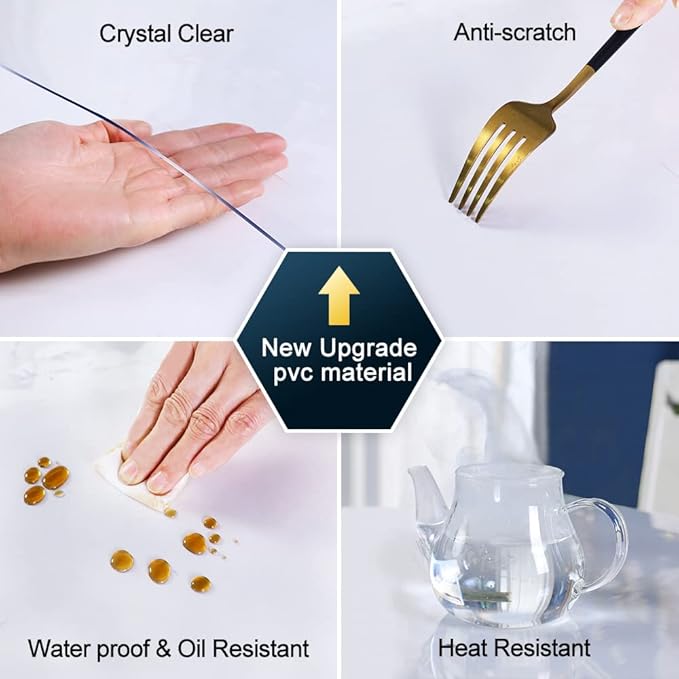 Round 50 in Clear PVC Table Cover Mat Dining&Living Room Table Protector Clear Plastic Tablecloth Protector Wipeable Protective Desk Top Topper Cover Wood Furniture Kitchen Coffee Bar Dinner Tabletop