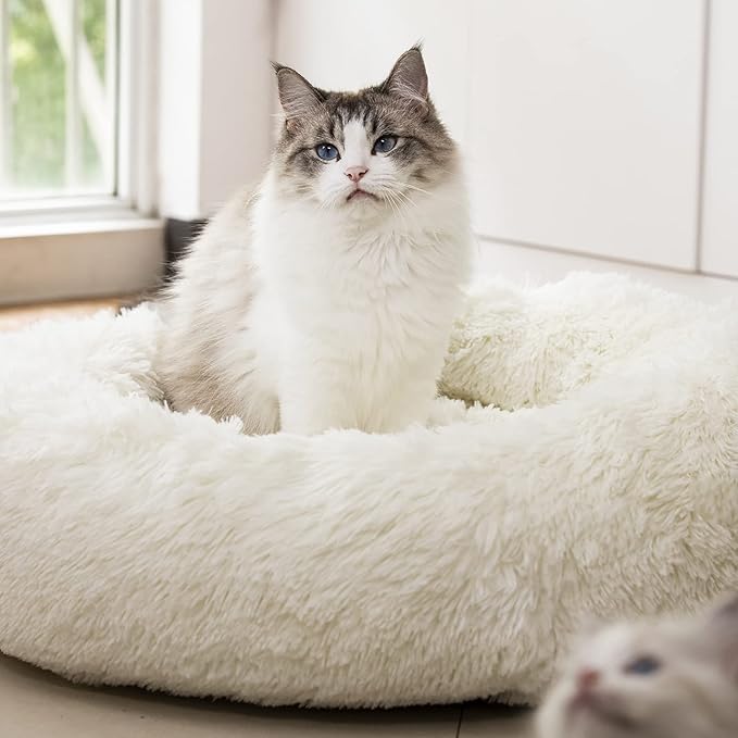 Anti Anxiety Round Fluffy Plush Faux Fur Warm Washable Dog Bed & Cat Bed, Original Bed for Small Medium Large Pets,Used to Relieve Joints and Improve Sleepï¼?0"/24"/27''ï¼?(27", White)