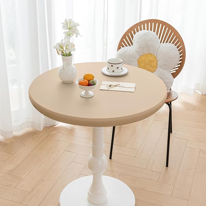 Round Fitted PU Tablecloth with High Elastic Edge 31 Inch Dia Waterproof Oil Proof Table Cloth Anti-Scald Stain-Resistant Wipeable Table Cover for Indoor Outdoor Picnic (Beige,31" Dia)