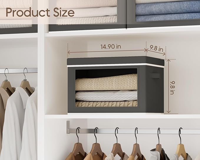 Homsorout Collapsible Storage Bins with Lids - Stackable Storage Containers with Window, 6 Pack Fabric Cube Bins for Closet, Home & Office Organization Baskets, Dark Gray, 14.9" x 9.8" x 9.8"