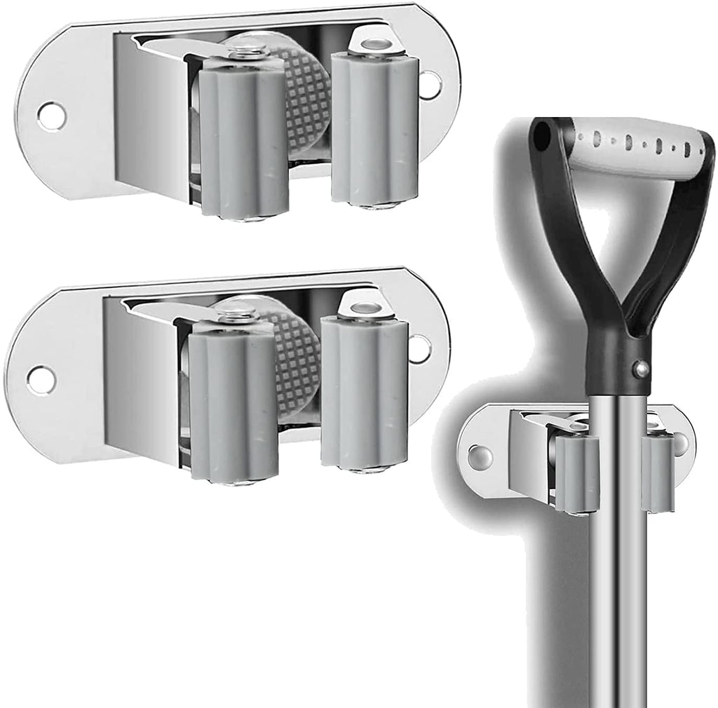 GROVENT® 2 PCS Mop and Broom Holder Wall Mount Heavy Duty Stainless Steel Broom Holder Wall Mounted Broom Organizer Home Garden Garage Storage Rack
