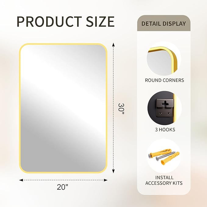 FICTOR Bathroom Mirror, 30"x20"Gold Framed Vanity Mirror for Wall, Shatterproof &Anti-Rust Bathroom Mirrors for Over Sink, Bedroom, Living Room, Entryway, Vertical/Horizontal Mount