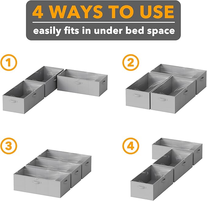 SpaceAid 3 Pack 10" High Under Bed Storage Containers, Large Underbed Storage Organizer Bins with Lids for Bedroom, Dorm, Clothes, Closet Organization, Bed Sheets and Blankets (Gray)