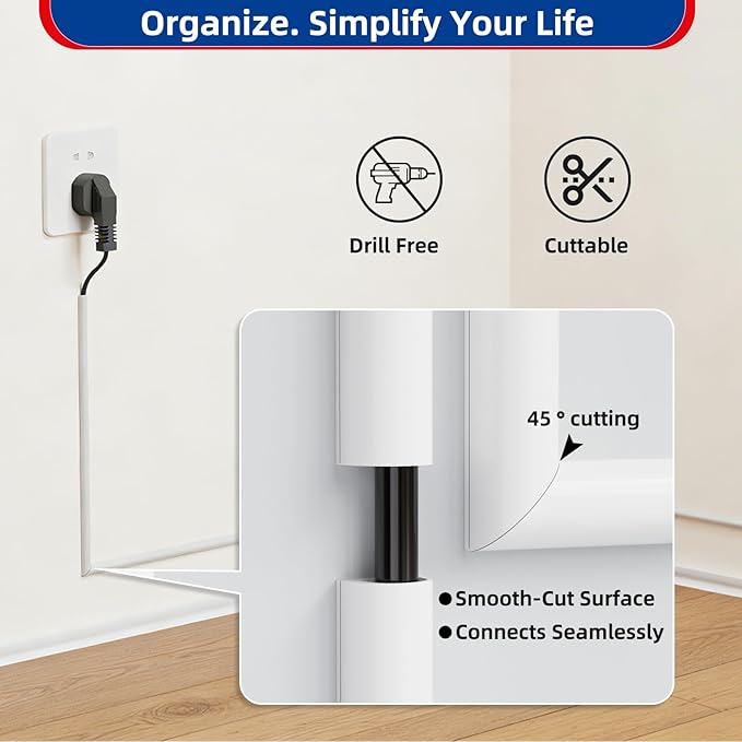 39" Side Buckle Cable Hider for 1 Cords,Extension Cord Covers for Wires On Wall,Adhesive Cord Hider for Wall Mount Tv,Wire Channel for Cable Concealer,Cable Raceway Home & Office,White