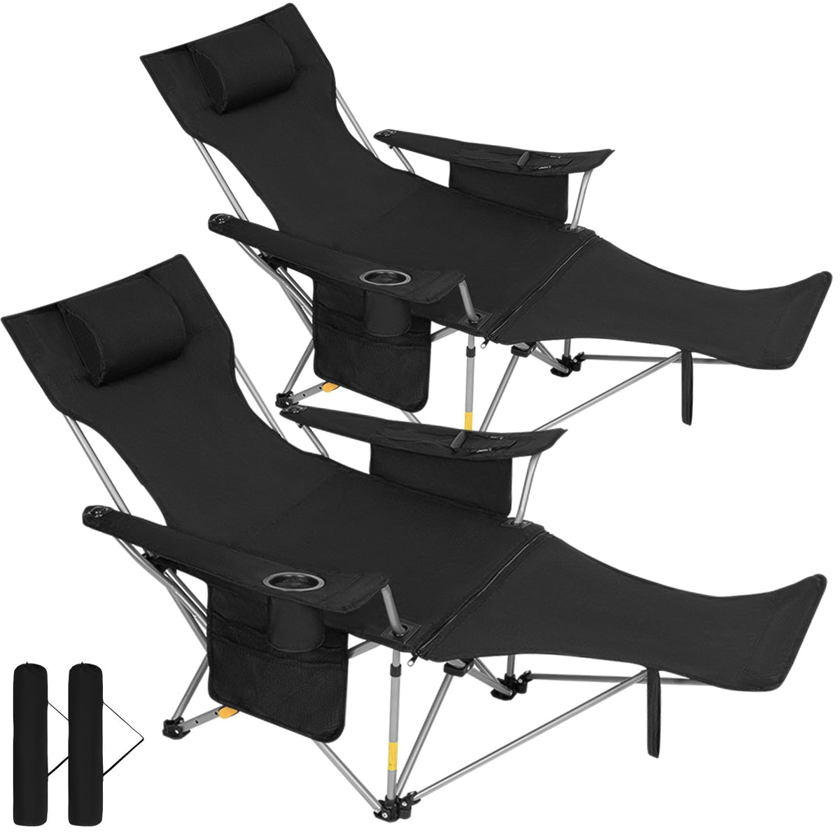 Romswi 2Pack 4-Position Reclining Camping Chair with Removable Footrest, 2-in-1 Adjustable Portable Lounge Chair with Cooler Bag, Cup Holder, Side Pockets & Carry Bag for Outdoor, Black