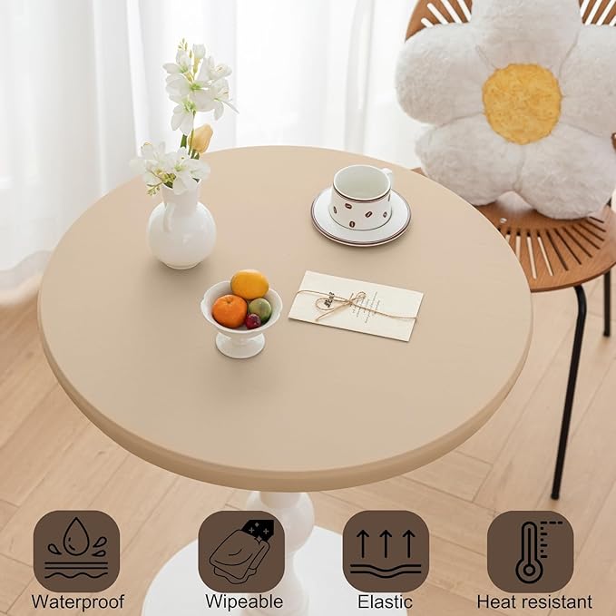 Round Fitted PU Tablecloth with High Elastic Edge 31 Inch Dia Waterproof Oil Proof Table Cloth Anti-Scald Stain-Resistant Wipeable Table Cover for Indoor Outdoor Picnic (Beige,31" Dia)