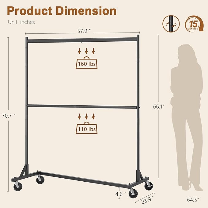 Hoctieon Double Rod Z Rack, Rolling Clothes Racks with Z-Base, Adjustable Clothing Rack, Standing Clothes Rack, Metal Clothing Racks for Hanging Clothes, Portable Garment Rack, Black